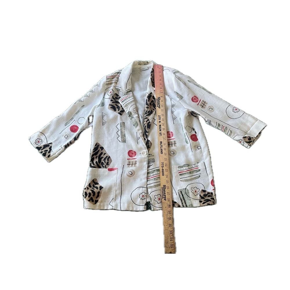 Vintage 90s Geometric Leopard Linen Blend Blazer Jacket Sz L Funky Art Deco Chic - Picture 4 of 6